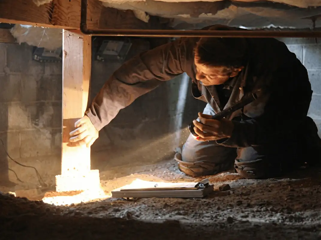 A professional inspecting wooden beams under the floor of a structure in Tempe, AZ